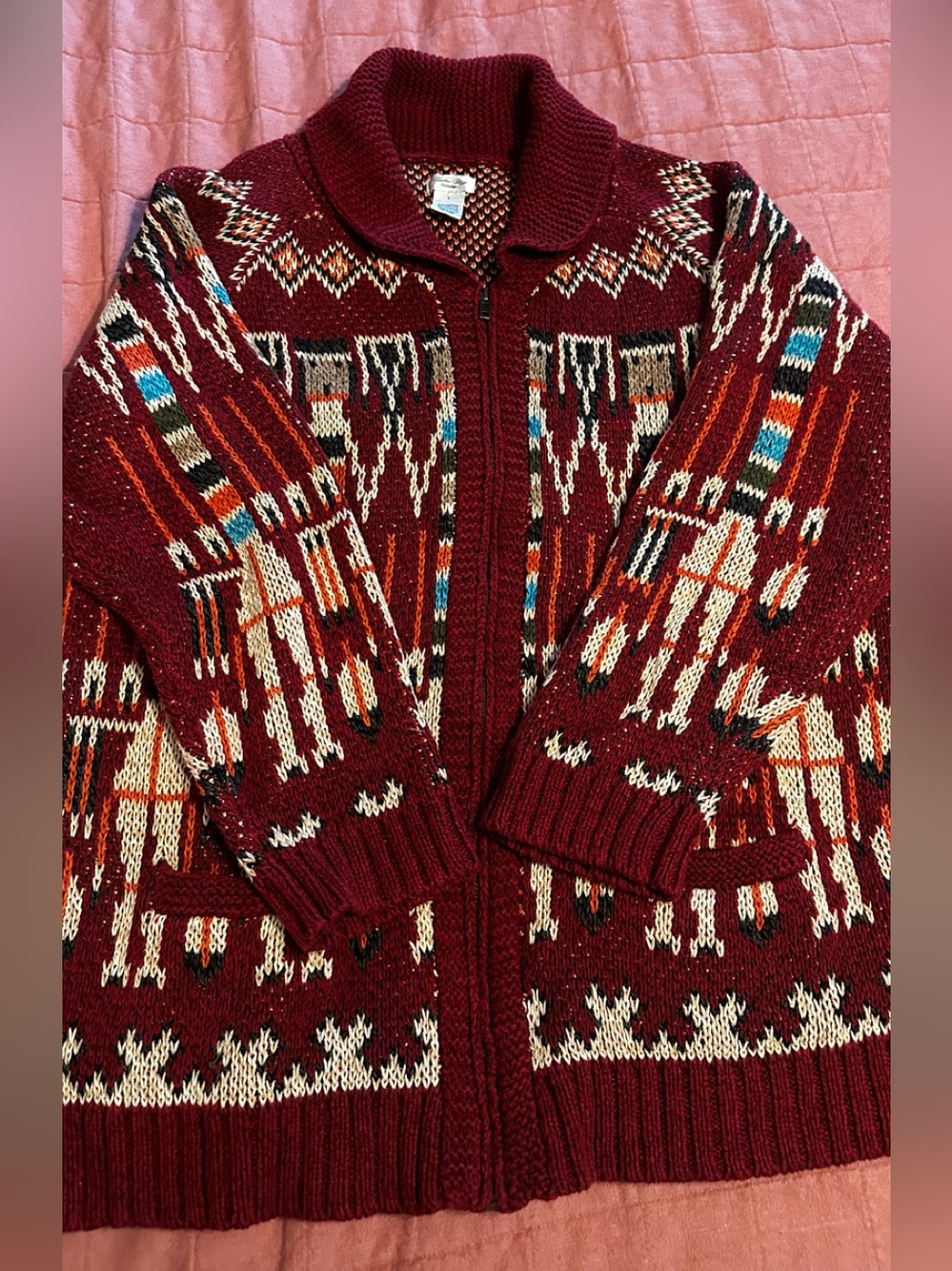 Tasha Polizzi Burgundy Geometric Zip Cardigan with Cream & Blue Accents